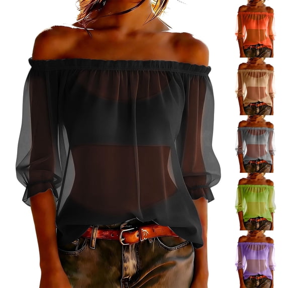 Bovxnpu Womens Off the Shoulder Tops Off Shoulder Blouse Chiffon Casual Fashion Trendy Tops Summer Tops