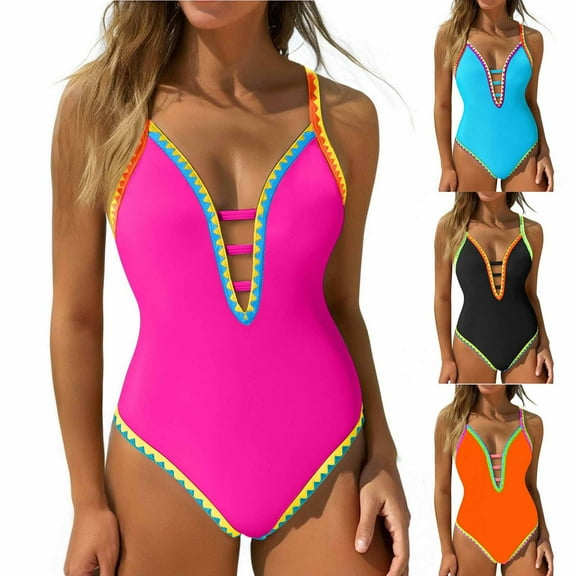 Bovxnpu Womens One Piece Swimsuits Slim Swimwear, Women OnePiece Swimsuits Deep V Neck Neon Bathing Suits Back Tied Swim Suits Ladies Summer Swimwear Beach Vacation