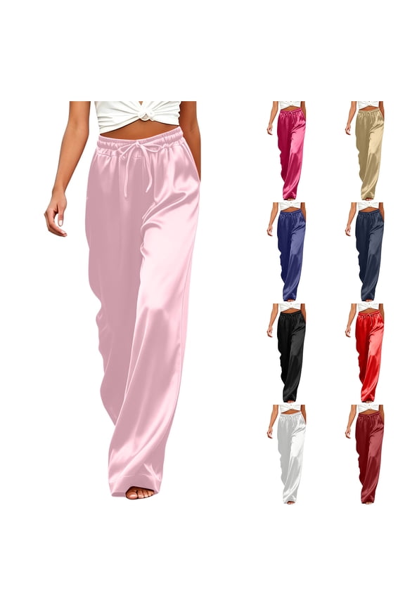 Womens Pajama Pants Silk Satin Sleep Bottoms Pajama Pants Satin Wide Leg High Waist Drawstring Pocketed Sleepwear