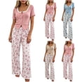 thumbnail image 1 of Bovxnpu Womens Pajama Set Lace Open Front Short Sleeve Long Pants Sleepwear, 1 of 6
