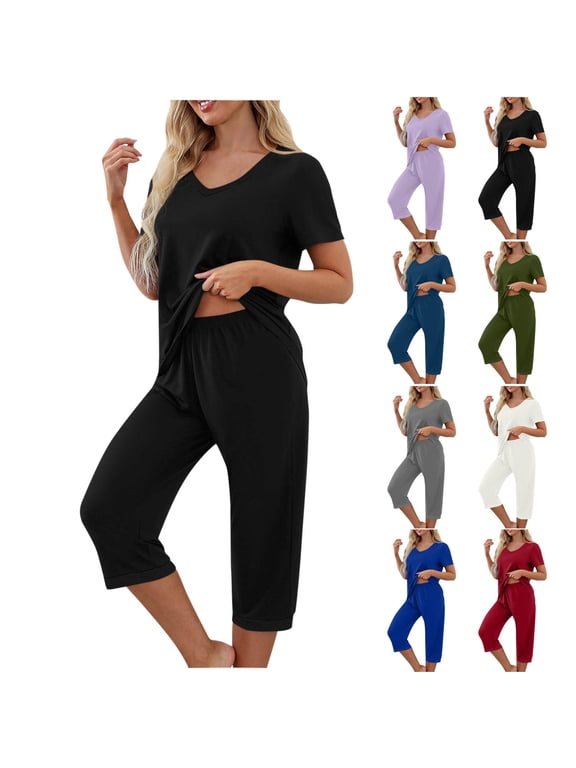 Womens Pajamas Sets 2 Piece Lounge Set Loose V Neck Short Sleeve Pajama Loungewear With Capris Set