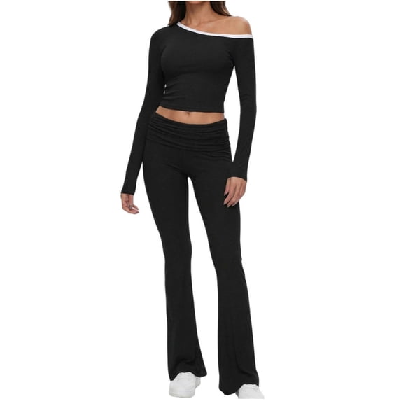 Bovxnpu Womens Pajamas Sets 2 Piece Lounge Set Off Shoulder Long Sleeve Slim Flare Pants Casual Sleepwear