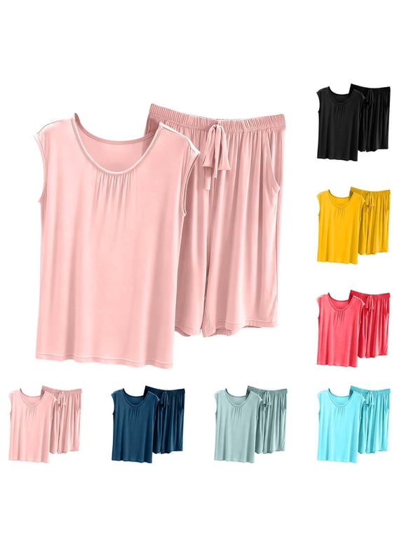 Womens Pajamas Sets 2 Piece Short Sleeve Lounge Set Cotton Loose Crew Neck Short Sleeve Shorts Home Sleepwear