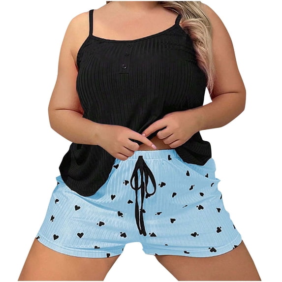 Bovxnpu Womens Plus Size Cami Pajama Sets 2 Piece Tank Top Shorts Lounge Set Plus Size Crew Neck Camisole Shorts Loungewear Set Sleepwear