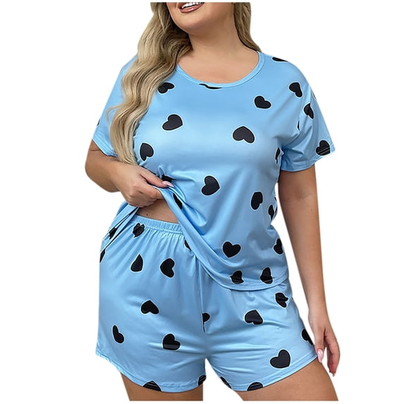 Bovxnpu Womens Plus Size Pajamas Sets 2 Piece Short Sleeve Lounge Set Plus Size Heart Print Short Sleeve Top Shorts Loungewear Sleepwear