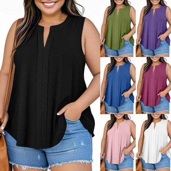 Bovxnpu Womens Plus Size Tops, Womens Crew Neck Tank Tops Sleeveless Loose Blouse Casual Shirts Summer Beach Vacation Clothes Fashion Outfits XL
