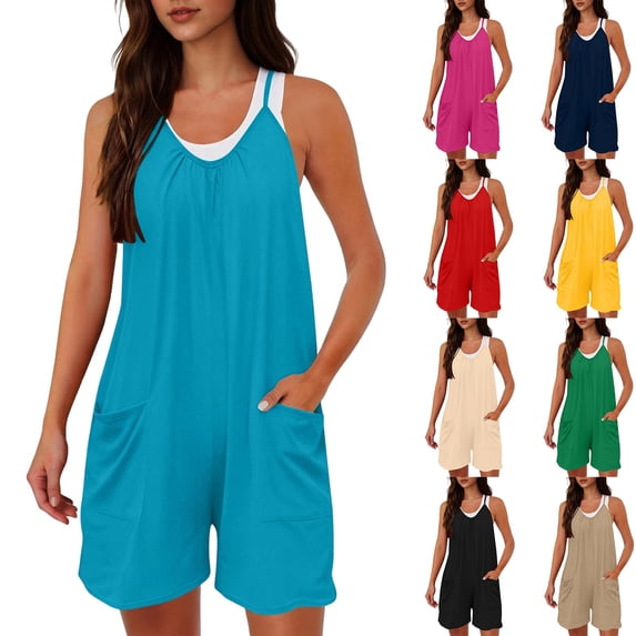 Bovxnpu Womens Rompers Summer Casual Loose Sleeveless Overalls Spaghetti Strap Shorts Women Solid Jumpsuit Ruched Adjustable Strap Romper Shorts