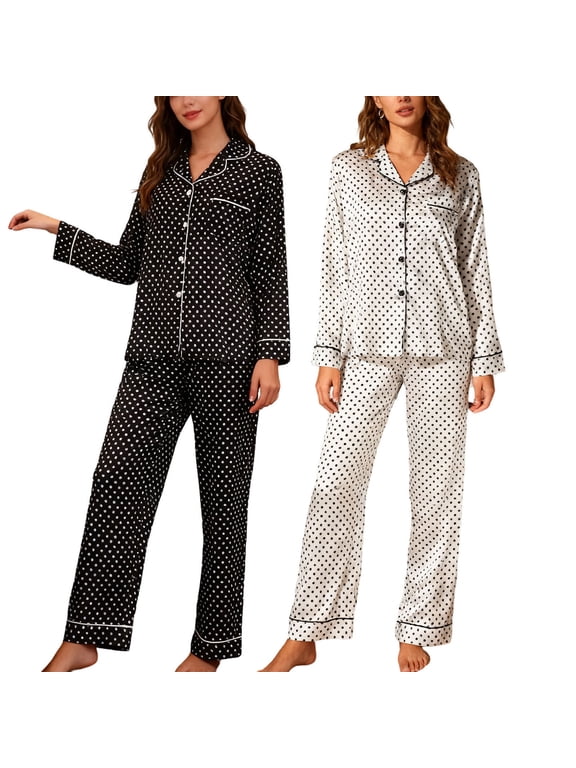 Womens Silk Satin Pajamas Set Long Sleeve Button Down Sleepwear 2 Piece Lounge Set Satin Long Sleeve Tied Waist Soft Comfortable Loungewear Sleepwear