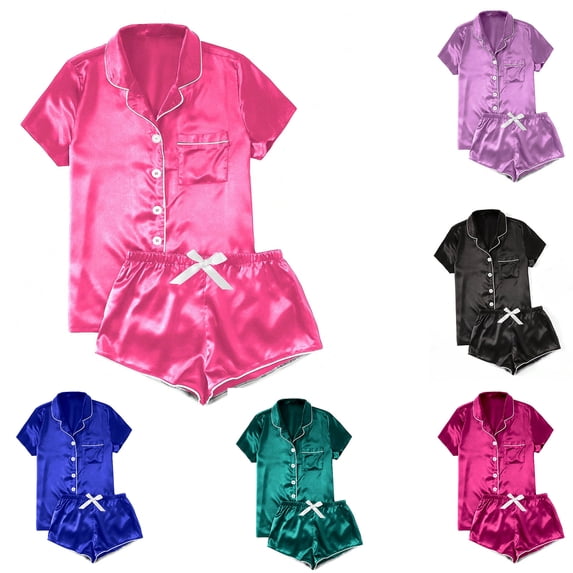 Bovxnpu Womens Silk Satin Pajamas Set Short Sleeve Sleepwear Button Down Pjs Bride Soft Sleepwear 2 Piece Lounge Set Winter Matching Summer Sleepwear