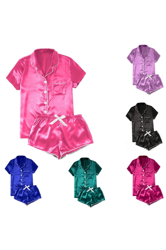 Womens Silk Satin Pajamas Set Short Sleeve Sleepwear Button Down Pjs Bride Soft Sleepwear 2 Piece Lounge Set Winter Matching Summer Sleepwear