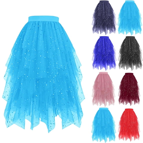 Bovxnpu Womens Tulles Skirt A Line Midi Ruffle Flowy Skirt Summer Star Print High Low Tiered Tulles Sequin Irregular Long Skirts
