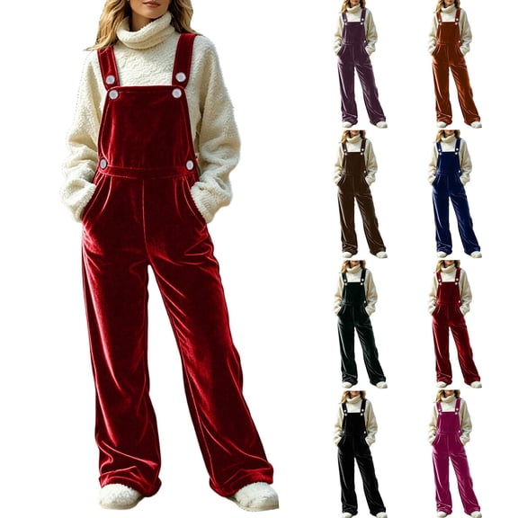 Bovxnpu Womens Velvet Overalls Wide Leg Bib Overall Jumpsuits Suspender Cargo Winter Casual Pants