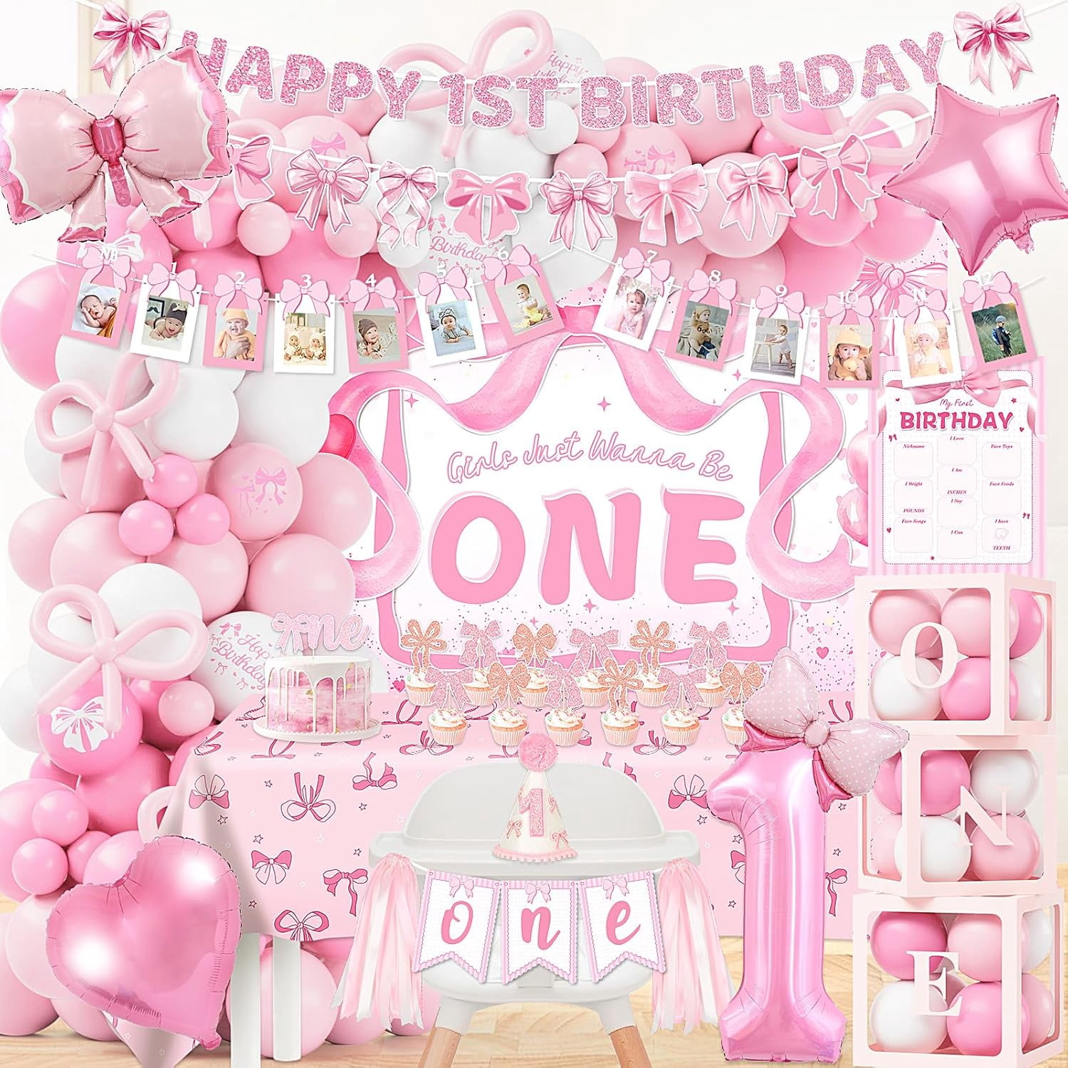 Bow 1st Birthday Decorations for Girls, Pink Baby Girl First Party ...