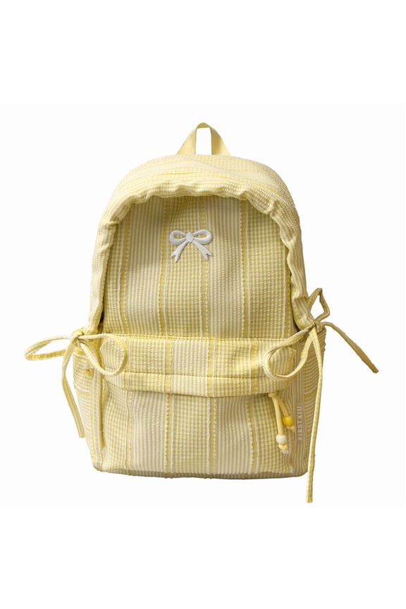 Bow Accent Backpack 16.14" Nylon Plaid Pattern Large Capacity for Travel Commute (Yellow)