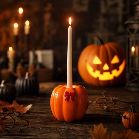 Bow Accented Ceramic Pumpkin Candle Holder, Stable Candle Placement Easy Wipe Dual Season Styling, Fall Table Centerpiece, Candlestick for Patio Garden Thanksgiving Halloween Layout