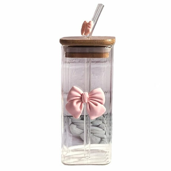 Bow Aesthetic Cup - Bow Glass Cup,Cute Glass Cups with Lids and Straws,Bow Tumbler B for Girls Cups Iced Tumbler Coffee