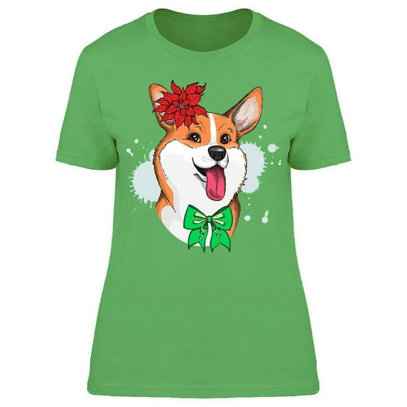 Bow And Christmas Flower Corgi T-Shirt Women -Image by Shutterstock, Female XX-Large