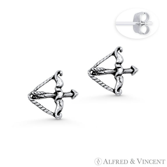 Bow & Arrow Archery Charm Stud Earrings in Oxidized .925 Sterling Silver