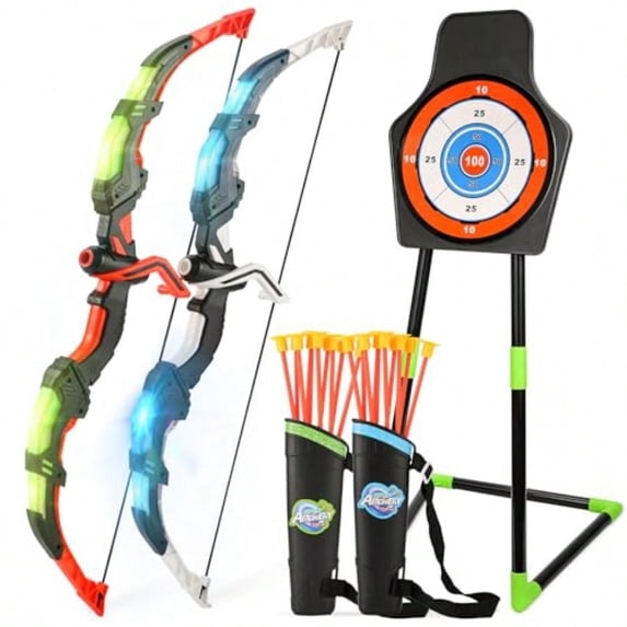Bow and Arrow Set for 2-Pack LED Light Up Archery Set with 20 Suction Cup Arrows Indoor and Outdoor Toy for Boys Girls Age 4-8 8-12 with Standing Targetand2 Quivers Birthday Gift 3-12 Years Old