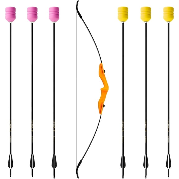 Bow and Arrow Set 7 Pcs Archery, Archery Bow Game Set with 6 Foam Tipped Arrows for Safe Combat LARP Cs Shooting Outdoor Camping Bows for Adult from Beginner to Advanced