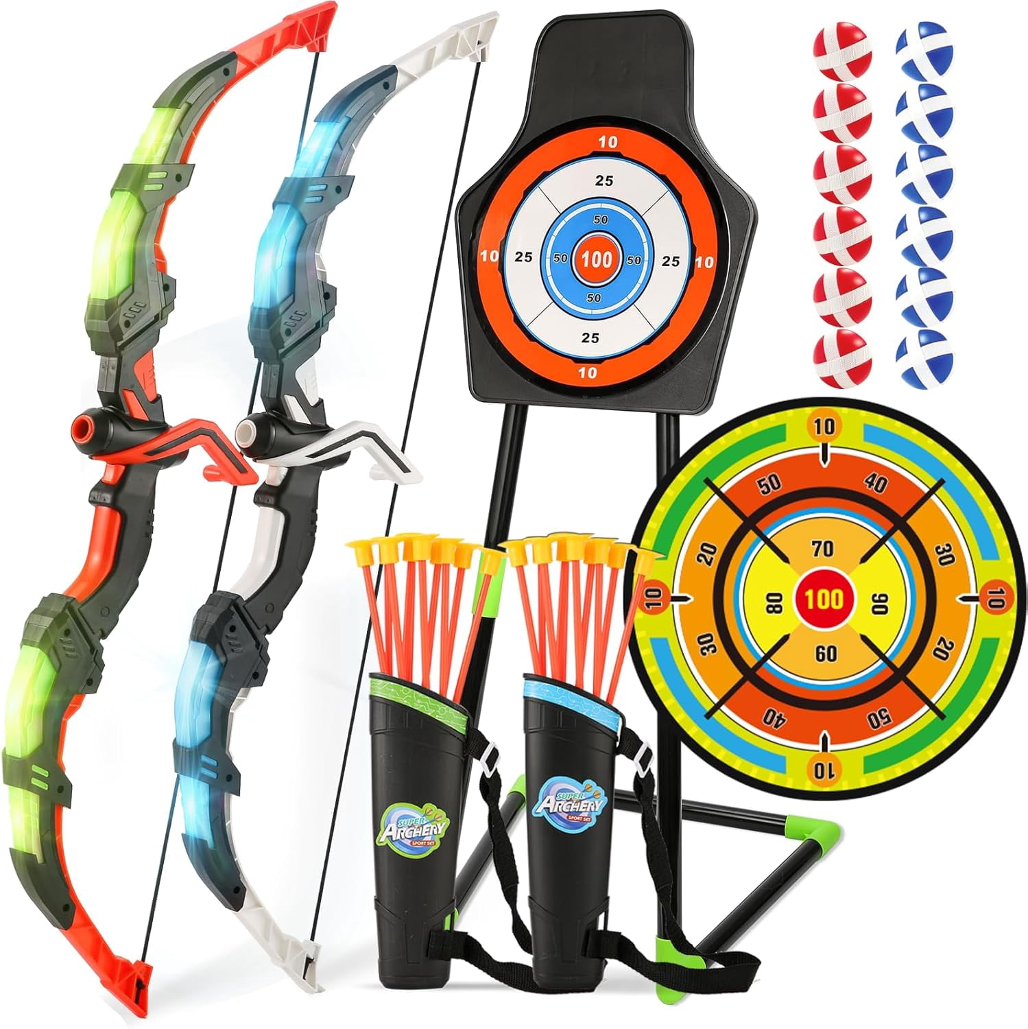 Bow and Arrow Set for Kids, 2-Pack LED Light Up Archery Set with 20 Suction Cup Arrows, Indoor and Outdoor Toy for Boys Girls Age 4-8 8-12 with Standing Target&2 Quivers