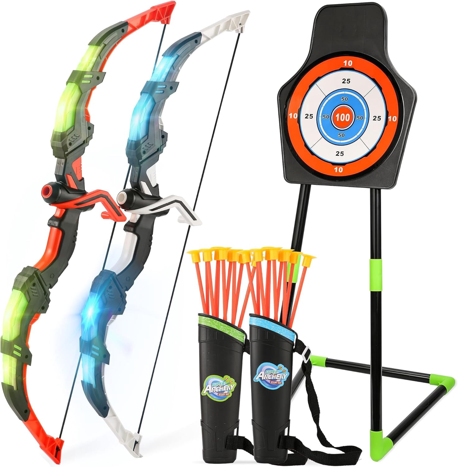 Bow and Arrow Set for Kids, 2-Pack LED Light Up Archery Set with 20 Suction Cup Arrows, Indoor and Outdoor Toy for Boys Girls Age 4-8 8-12 with Standing Target&2 Quivers
