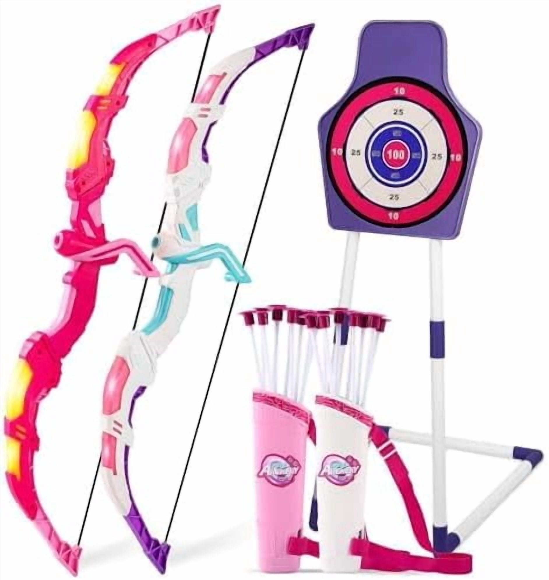 Bow and Arrow Set for Kids, 2-Pack LED Light Up Archery Set with 20 Suction Cup Arrows, Indoor and Outdoor Toy for Boys Girls Age 4-8 8-12 with Standing Target&2 Quivers