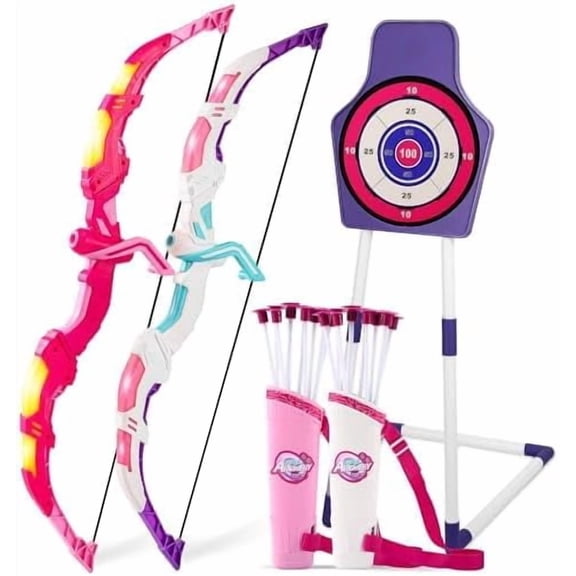Bow and Arrow Set for Kids, 2-Pack LED Light Up Archery Set with 20 Suction Cup Arrows, Indoor and Outdoor Toy for Boys Girls Age 4-8 8-12 with Standing Target&2 Quivers
