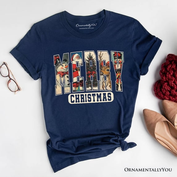 Merry Christmas Vintage T‑Shirt, Santa Tree Reindeer Snowman Nutcracker Tee