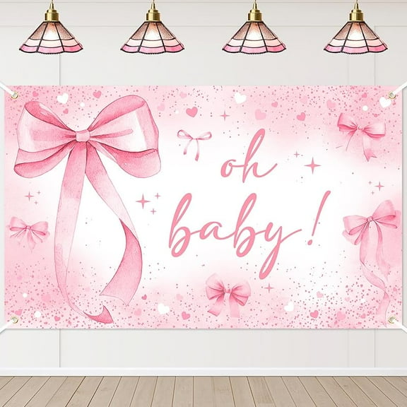 Bow Baby Shower Backdrop Banner Oh Baby Bow Baby Shower Decorations Coquette Photography Background for Newborn Baby Bowknot Gender Reveal Banner (Pink)