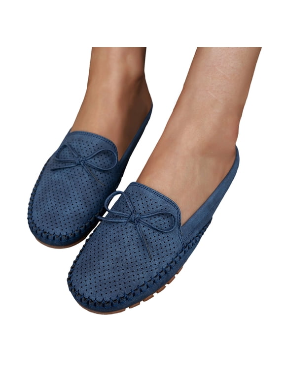 Bow Backless Loafer Mules for Women Soft Comfortable Dressy Slide on Shoes Women Lightweight Leather Closed Toe Mule Flats, 38