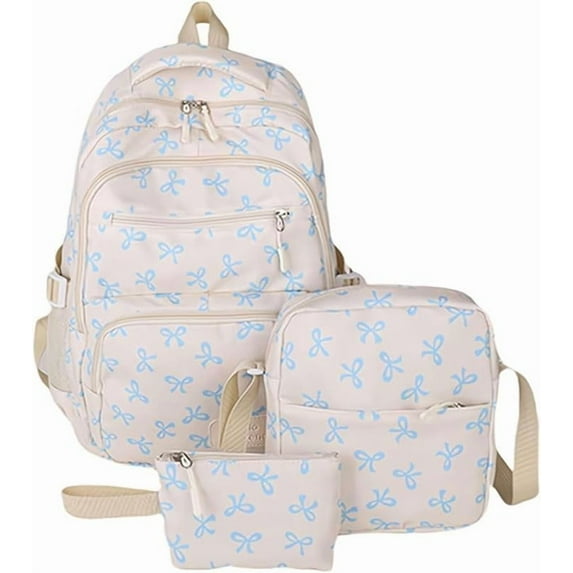 Bow Backpack 3-Piece Set Cute Sweet Large Capacity Backpack (Blue)