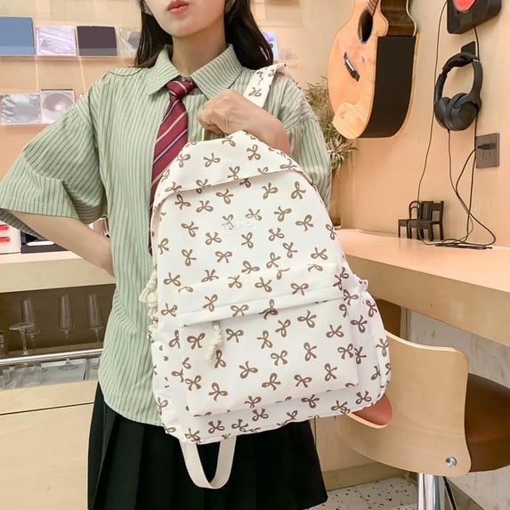Bow Backpack,Back To School Backpack,Bow Backpack, Coquette Aesthetic Nylon Rucksack Cute Kawaii Back Pack with Bow Pattern (Khaki)