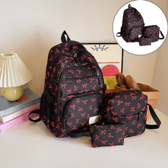 Bow Backpack, Coquette Backpack for Women, Blackbackpack Shoulder Bag 3Pcs Set, Cute Large Capacity Versatile Rucksack(Black 1)