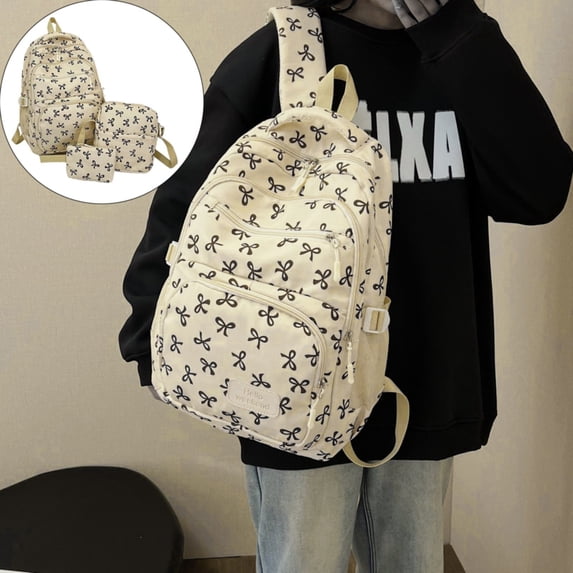 Bow Backpack For Women 3 PCS Cute Backpack Nylon Aesthetic Daypack Bow Pattern Rucksack