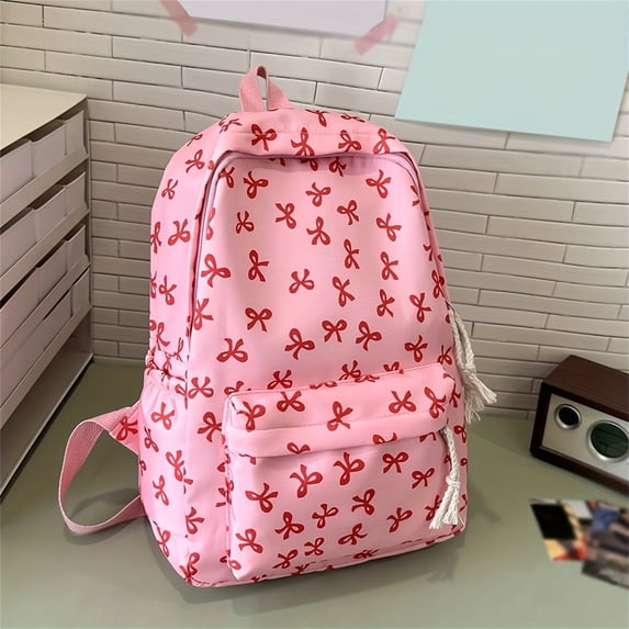 Bow Backpack For Women Aesthetic Nylon Rucksack Cute Kawaii Backpack Set With Bow Pattern