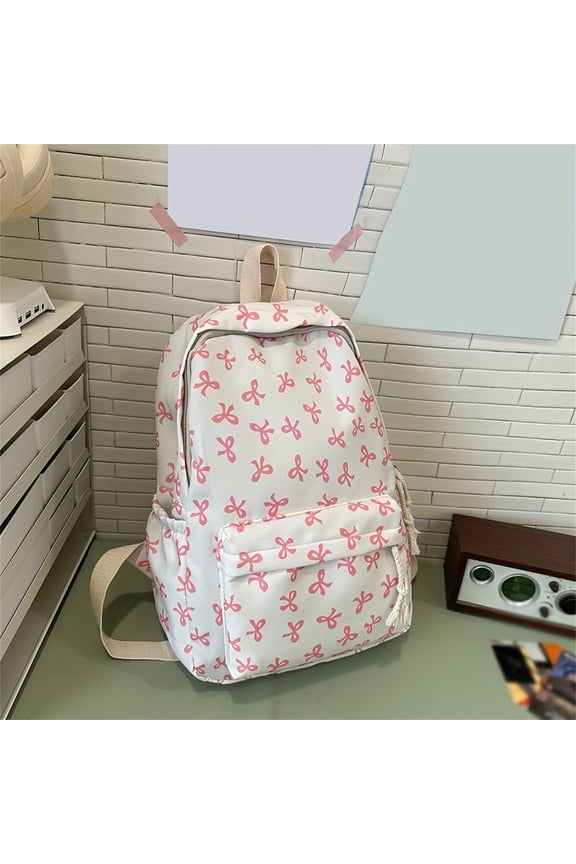 Bow Backpack For Women Aesthetic Nylon Rucksack Cute Kawaii Backpack Set With Bow Pattern