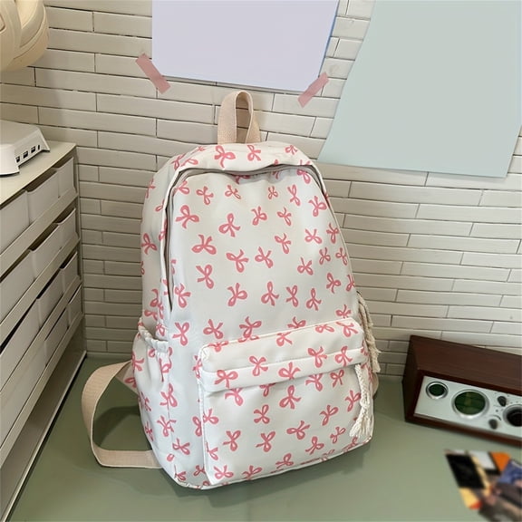 Bow Backpack For Women Aesthetic Nylon Rucksack Cute Kawaii Backpack Set With Bow Pattern