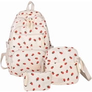 Bow Backpack for Women 3Pcs Set Kawaii Coquette Nylon Backpack Cute College Laptop Rucksack Fashion Travel Daypack 2025 New Beige Strawberry