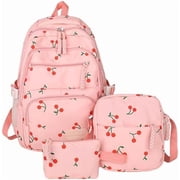 Bow Backpack for Women 3Pcs Set Kawaii Coquette Nylon Backpack Cute College Laptop Rucksack Fashion Travel Daypack 2025 New Pink Cherry