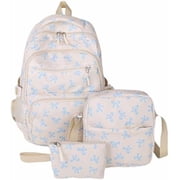 Bow Backpack for Women 3Pcs Set Kawaii Coquette Nylon Backpack Cute College Laptop Rucksack Fashion Travel Daypack White Blue