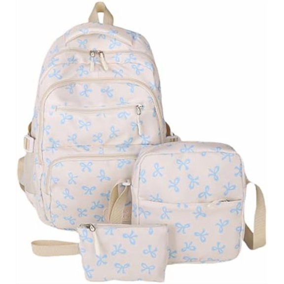 Bow Backpack for Women 3Pcs Set Kawaii Coquette Nylon Backpack Cute College Laptop Rucksack Fashion Travel Daypack (White Blue)