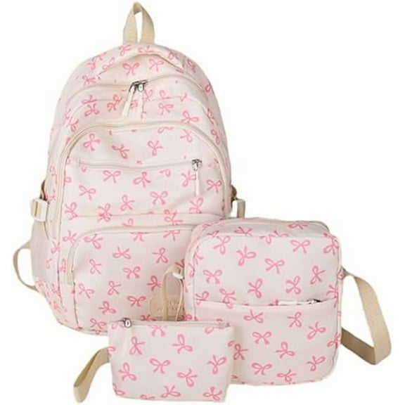 Bow Backpack for Women 3Pcs Set Kawaii Coquette Nylon Backpack Cute College Laptop Rucksack Fashion Travel Daypack (White Pink)