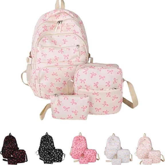 Bow Backpack for Women, Aesthetic Nylon Backpack , Cute College Laptop Rucksack 3Pcs Set With Bow Pattern