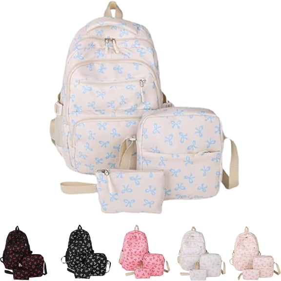 Bow Backpack for Women, Aesthetic Nylon Backpack , Cute College Laptop Rucksack 3Pcs Set With Bow Pattern