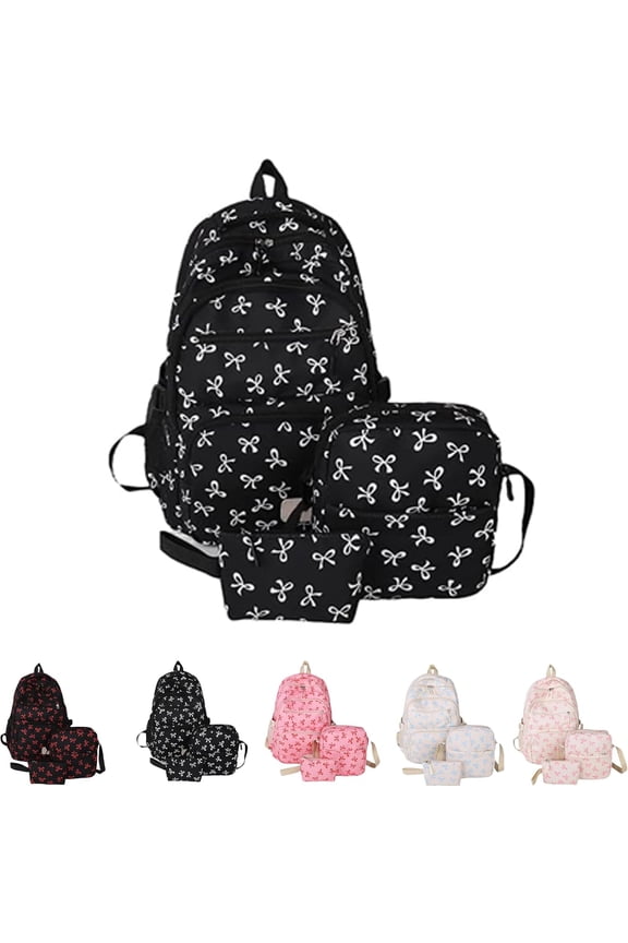 Bow Backpack for Women, Aesthetic Nylon Backpack , Cute College Laptop Rucksack 3Pcs Set With Bow Pattern