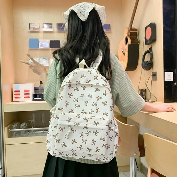Bow Backpack for Women Casual Fashion Bow Printed Backpacks Laptop Lightweight Travel Daypack 2026 Khaki 12.6 In