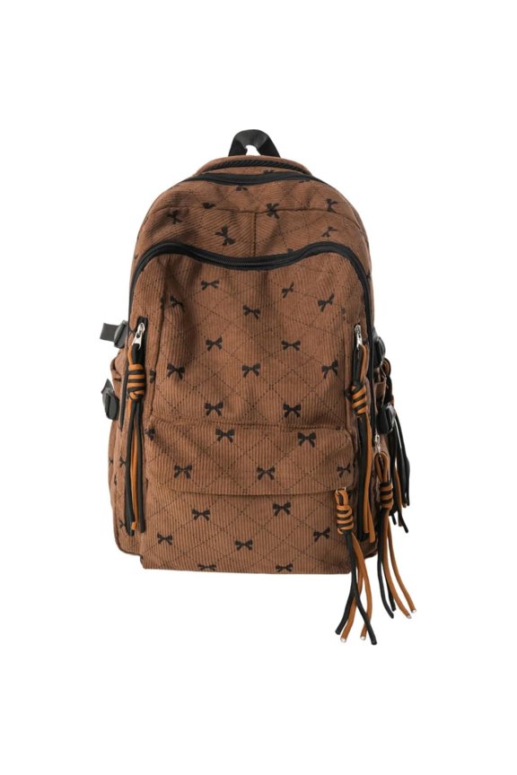 Bow Backpack for Women Cute Coquette Backpack with Bow Fashion Corduroy Bookbag Diamond Pattern Rucksack(Brown)