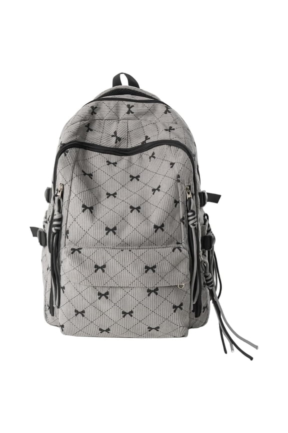 Bow Backpack for Women Cute Coquette Backpack with Bow Fashion Corduroy Bookbag Diamond Pattern Rucksack(Grey)
