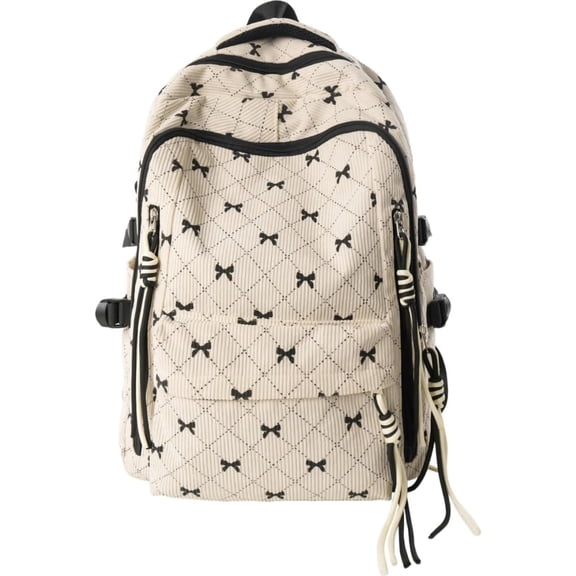 Bow Backpack for Women Cute Coquette Backpack with Bow Fashion Corduroy Bookbag Diamond Pattern Rucksack(White)